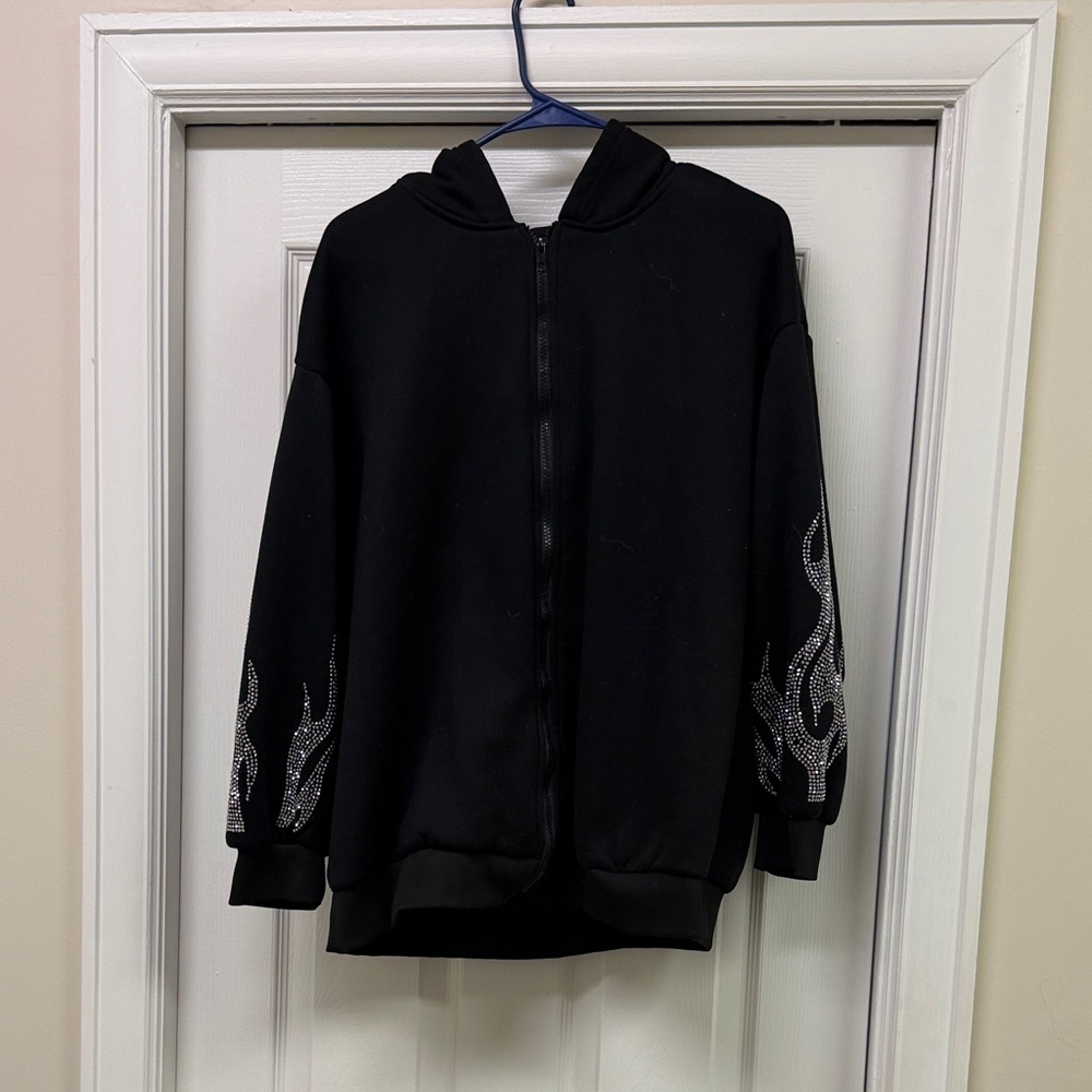 Black Hoodie with Silver Flame Design